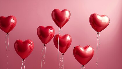 red heart shaped balloons floating against a pink background