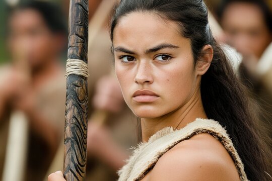 Focused young female warrior with spear in tribal setting