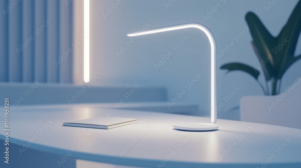 Poster minimalist modern workspace with sleek led desk lamp and notepad