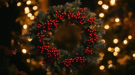 Christmas wreath made of fresh fir branches with clusters of red viburnum berries