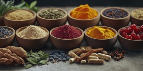 An assortment of herbs and spices in wooden bowls, ready for culinary use.