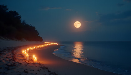 Candlelit Beach Scene with Full Moon Reflection