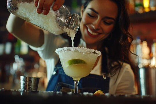 Young hispanic female bartender preparing margarita with salt rim and lime in bar