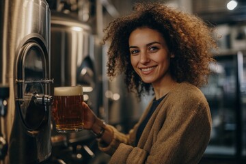Caucasian female brewer with a pint of beer in brewery setting