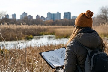 Young caucasian female sketching nature scene in urban park wetlands