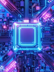Fototapeta premium Vividly lit circuit board with semiconductor at center.