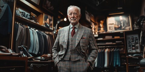 Obraz premium A well-groomed older man wearing a stylish, formal suit in a clothing store.