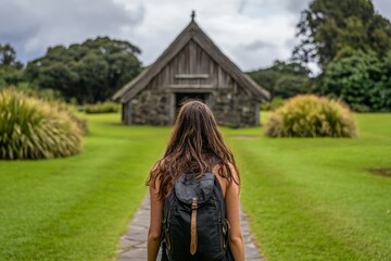 Obraz premium Young caucasian woman exploring historic wooden church surrounded by lush greenery