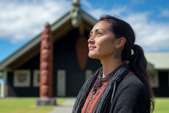 Young adult indigenous woman reflecting outdoors near traditional maori building