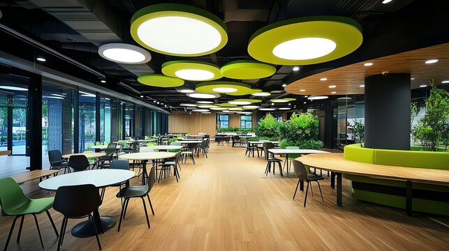 A modern office cafeteria with a lot of natural light.