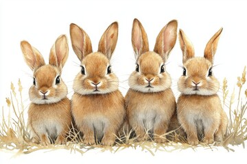 Fototapeta premium Four cute rabbits sitting together in a field of grass.