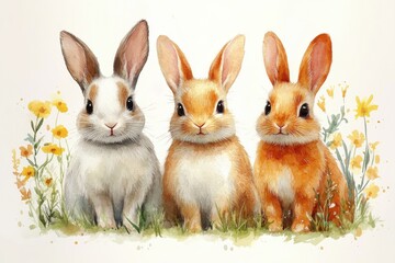 Obraz premium Three adorable rabbits in a field of flowers, showcasing their playful nature.