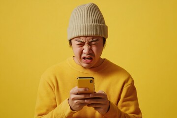 Fototapeta premium Youth reacts with displeasure at tech failure.