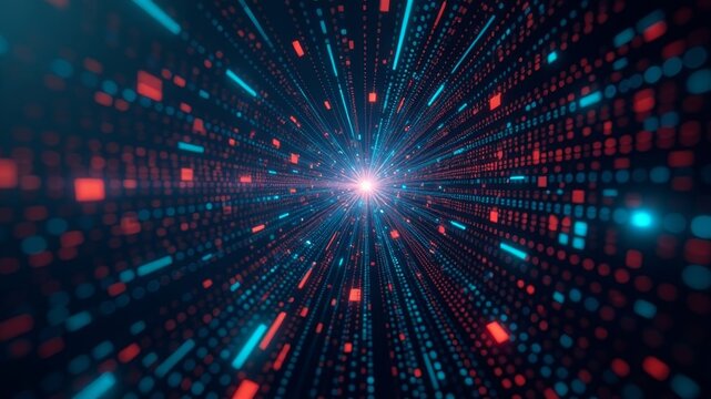 A multicolored structural design of a glitch in the matrix with hidden symbols and codes that glow or emit light and a sense of depth