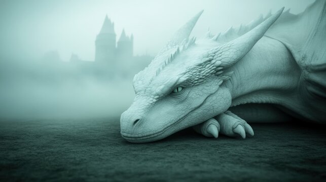 Mystical White Dragon Resting on Misty Ground with Enchanted Castle in Background