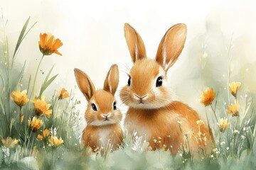 Two cute rabbits in a flower-filled meadow, showcasing a serene and playful nature scene.