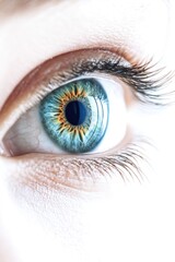 This image is a close-up of a human eye with detailed iris and pupil. It captures the vibrant colors and textures of the sclera, eyelashes, and the unique pattern of an individual's eye.