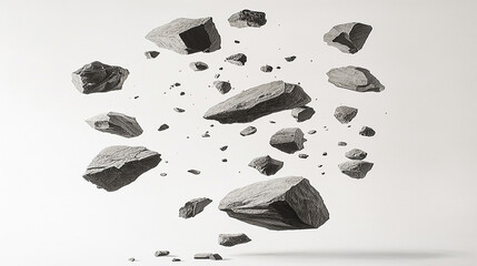 Collection of black stone and rock textures on white background for 3D rendering and design projects.
