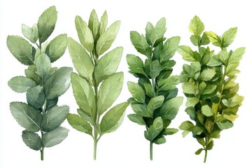 A watercolor illustration of various green leaves, showcasing their shapes and textures.