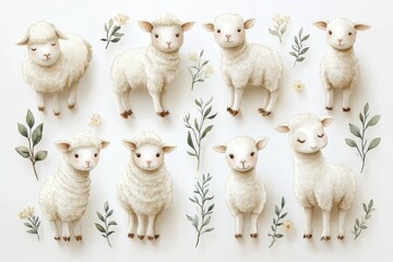A charming arrangement of fluffy sheep surrounded by delicate floral elements.