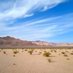 A wide view of the orange desert under a clear blue sky and bright sunlight
