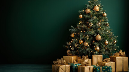 Classic Christmas tree with glowing gold decorations and neatly arranged gifts at the base