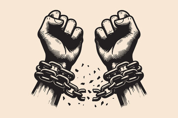 Hands breaking chains. Vintage black vector engraving illustration, emblem, tattoo sketch, print. Cut out, isolated.	