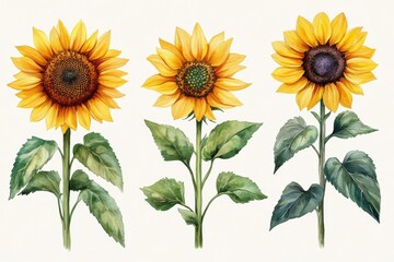 Obraz premium Three vibrant sunflowers with green leaves on a light background.