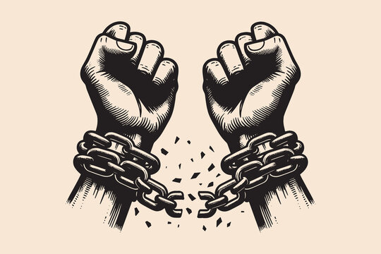 Hands breaking chains. Vintage black vector engraving illustration, emblem, tattoo sketch, print. Cut out, isolated.	
