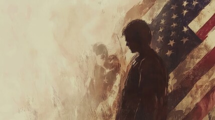 Obraz premium Soldier silhouetted against American flag, somber brushstrokes.