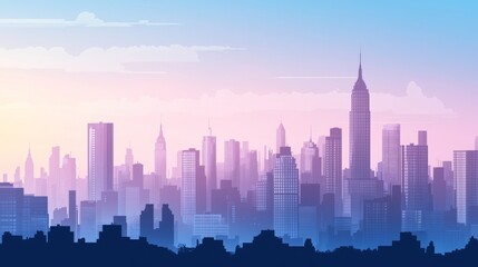 Fototapeta premium A pixel art depiction of a city skyline at dusk, showcasing buildings and a gradient sky.