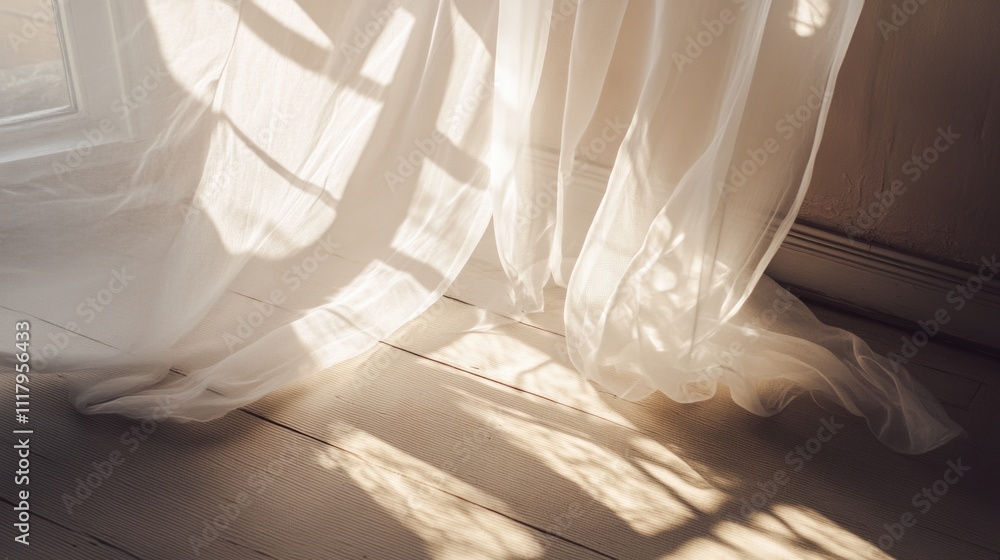 Aufkleber beautiful sunlit scene with sheer curtains gently diffusing the rays of sunlight, creating an elegan