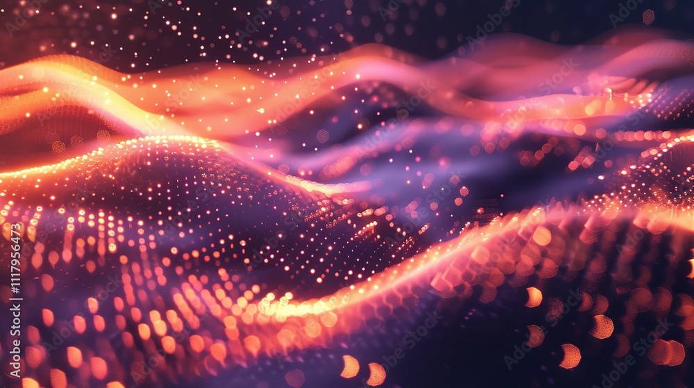 Poster abstract wave with moving dots and lines. flow of particles, technology background.