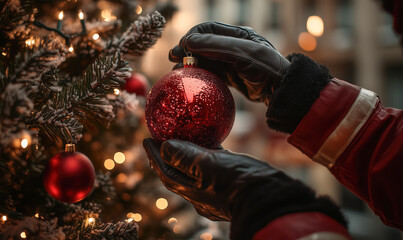Gloved hands. Red ornament. Fir branches. Christmas lights. Rescue uniform. Festive mood. Holiday decor. Winter ambiance. Blurred background. Cozy scene