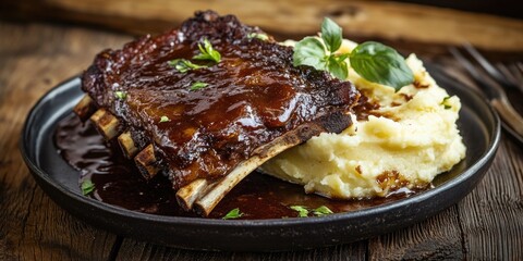 A mouth-watering close up of deliciously grilled barbecue ribs and potatoes with a rich sauce, served on a rustic wooden table. Perfect for those who love hearty meals.