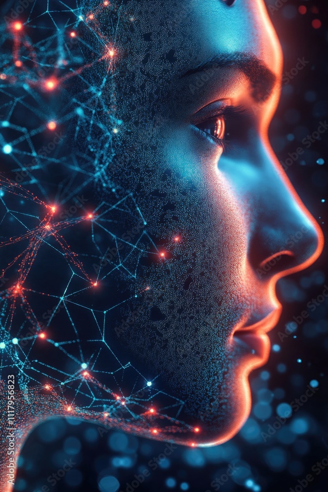 Poster a person's face, with artificial intelligence and digital technology themes emphasized through the b