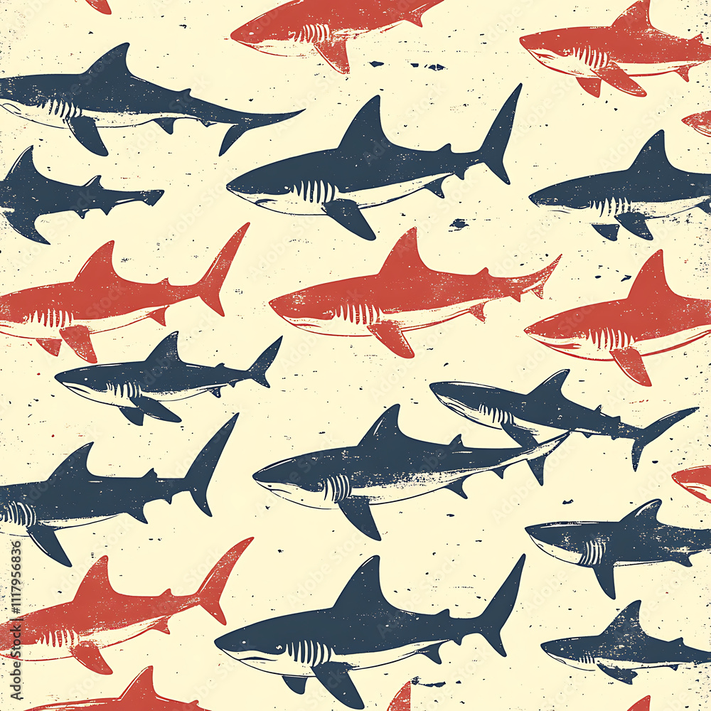 Poster graphic pattern featuring sharks in red and blue colors on textured background. this design showcase