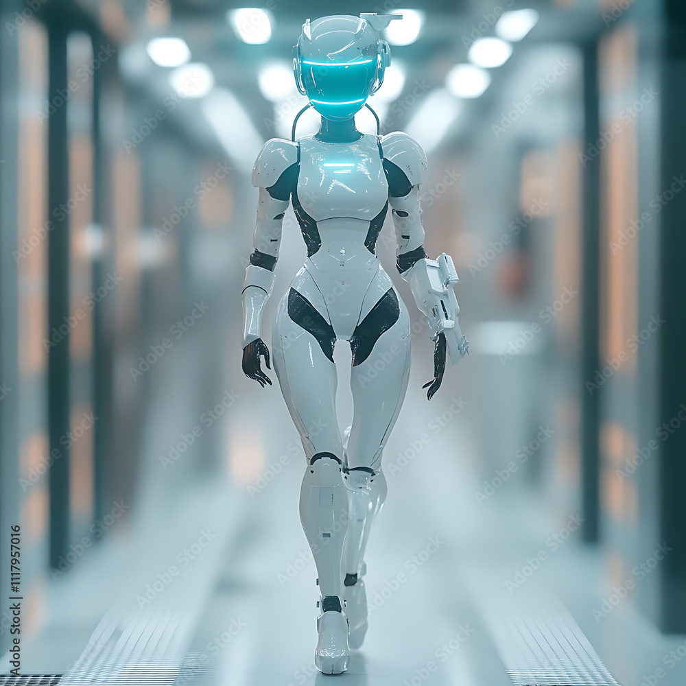 Poster hyper feminine futuristic robot with sleek design and glowing features walks confidently down corrid