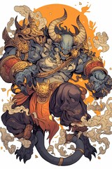 Powerful demon warrior with horns, armor, and tail, amidst smoke and orange backdrop.