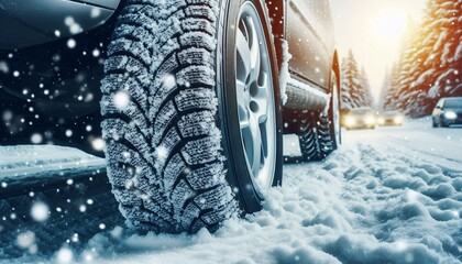 Winter tire. Detail of car tires in winter on the road covered with snow.