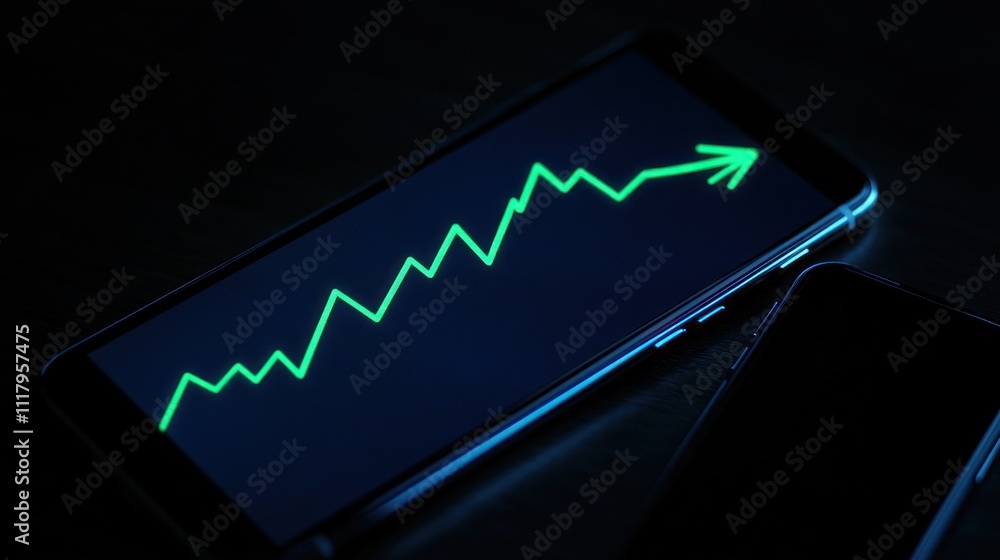 Poster here's a and keyword list for your stock photo.. smartphone displays upward trending green graph in 