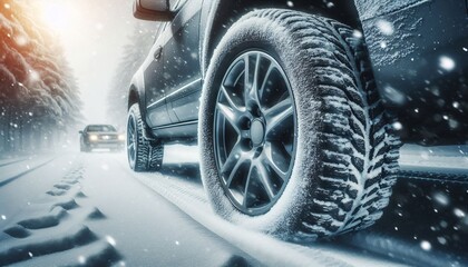 Winter tire. Detail of car tires in winter on the road covered with snow.