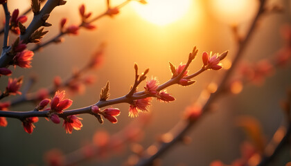 Budding Branches Framed by Soft Sunrise Light