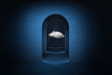 Abstract blue surreal 3d render with white cloud. Arch corridor dark blue background concept rendering. Surrealistic interior 3d render illustration.
