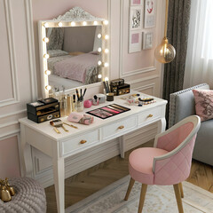 Obraz premium A boudoir table in a bedroom, highlighting intimate details of interior design