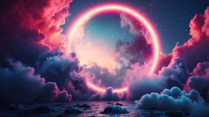 Obraz premium Mesmerizing Neon-Glowing Circle Amidst Swirling Clouds, Radiating Energy and Captivating Contrast in a Dynamic and Ethereal Celestial Scene