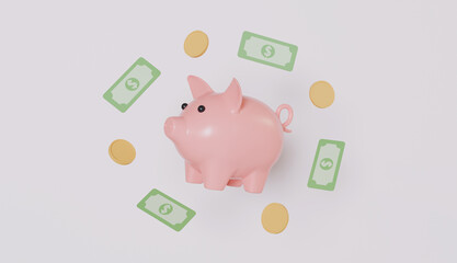 Piggy bank with Banknotes cash floating, dollar bill, banking investment, money saving, business finance, transaction payment transfer