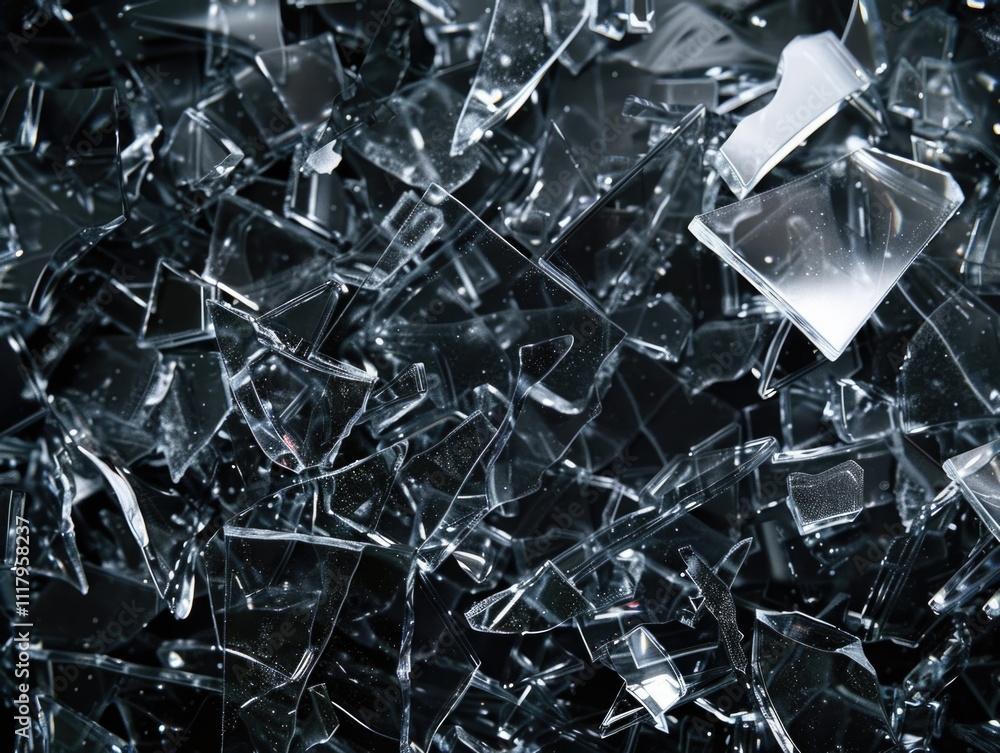 Aufkleber a close-up view of broken glass shards, reflecting light and creating an intricate, transparent text