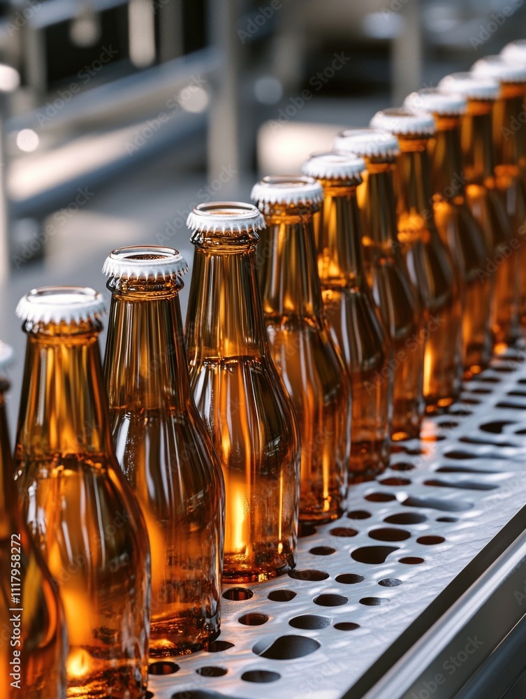 Poster row of brown bottles on a conveyor belt. the bottles are all the same color and have a similar shape