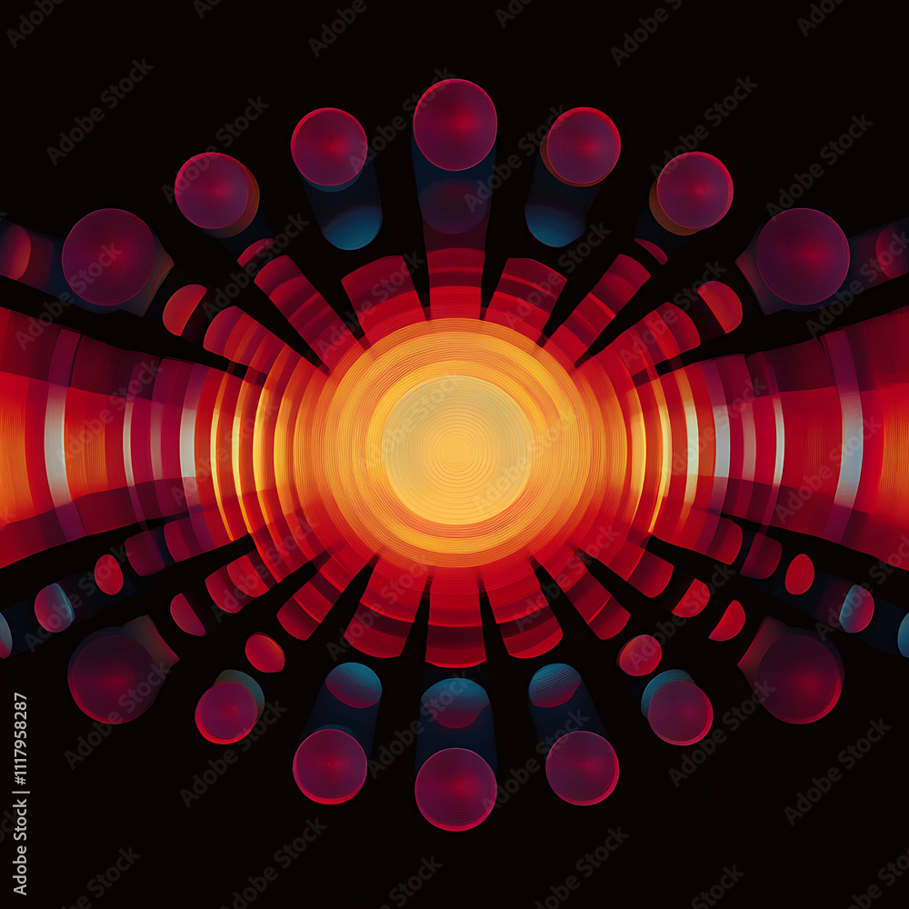 Poster vibrant abstract design featuring concentric circles and radiating lines in red, orange, and blue to